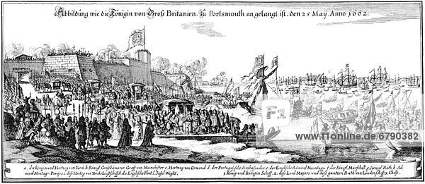 Historic drawing  the arrival of Henrietta Catherine of Braganza  Infanta of Portugal  1638-1705  wife of Charles II  the English King  in Portsmouth on May 25th 1662