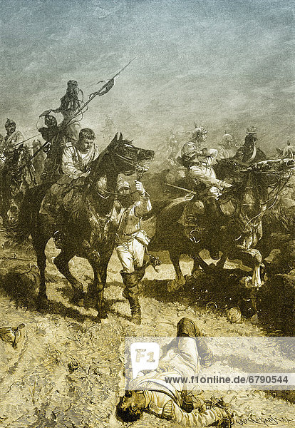 Historische Zeichnung  die Schlacht von Mars-la-Tour oder Vionville am 16. August 1870  Deutsch-Französischer Krieg von 1870 - 1871 zwischen dem Kaiserreich Frankreich und dem Königreich Preußen