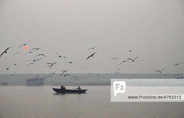 Believers in a boat at dawn on the Ganges River  Varanasi  Benares or Kashi  Uttar Pradesh  India  Asia