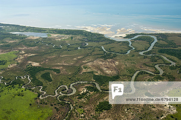 Aerial view  mouth and meanders of the Wami river north of Bagamoyo  Pwani Region  Tanzania  Africa