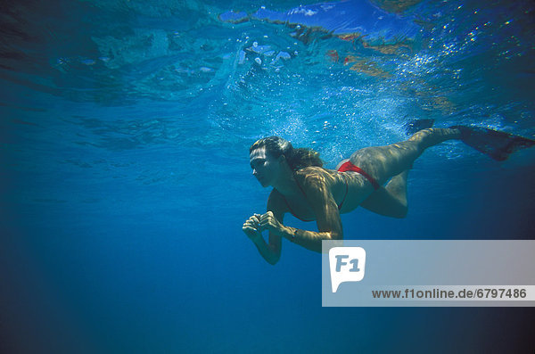 Flosse  Flossen  Frau  Bikini  Unterwasseraufnahme  jung  schwimmen
