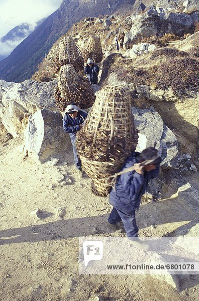 People Carrying Heavy Loads Up A Mountain Path