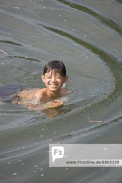 Mekong River Vietnam Young Boy Swimming