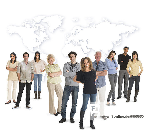 Multi-racial mixed race group of people posing together  world map in background