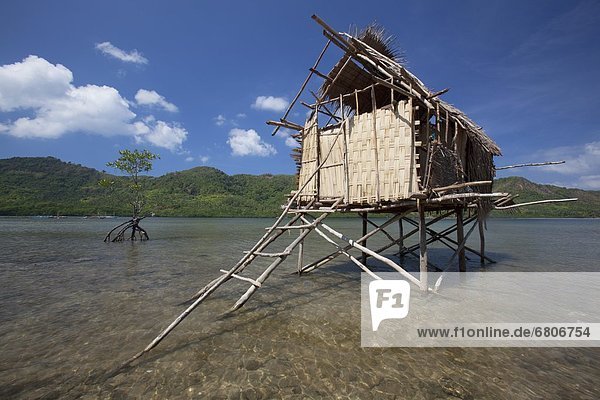 nahe sitzend Wohnhaus klein Dorf Insel angeln Reetdach Philippinen Bucht