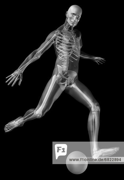 Digitally generated image of human representation playing soccer ball with human skeleton visible