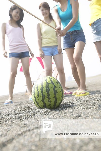 4 Freundschaft Wassermelone Pause schlagen Holzstock Stock