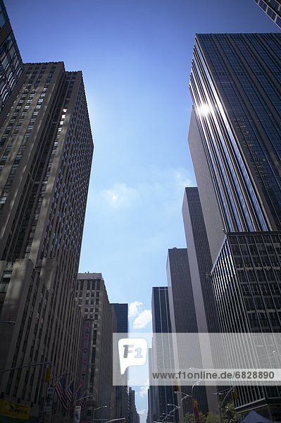 Low angle view of Manhattan skyscrapers. New York City  New York  USA
