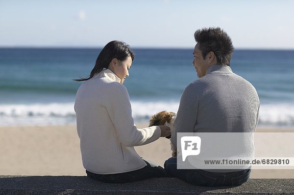 Couple with dog sitting at beach