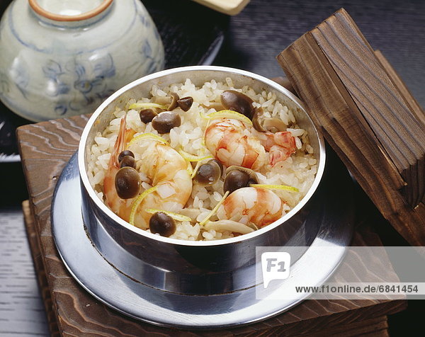 Bowl of rice cooked with shrimp