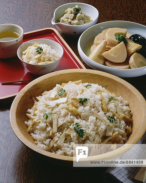 Bowl of rice cooked with bamboo shoots