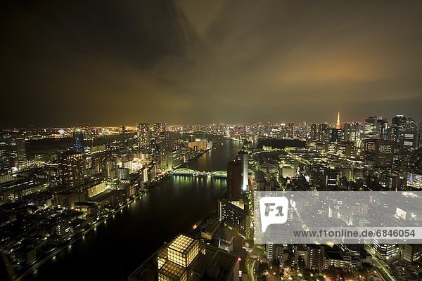 Toned image of the Kachidoki Bridge and Tokyo Tower at night. Tokyo Prefecture  Japan