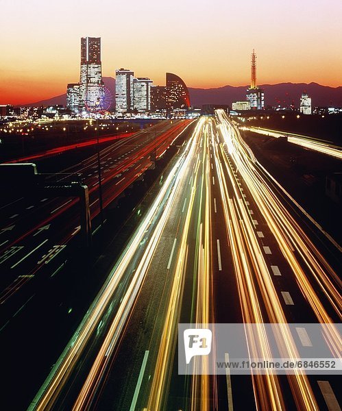 Long exposure image of traffic lights on a highway in Minato Mirai. Yokohama  Kanagawa Prefecture  Japan