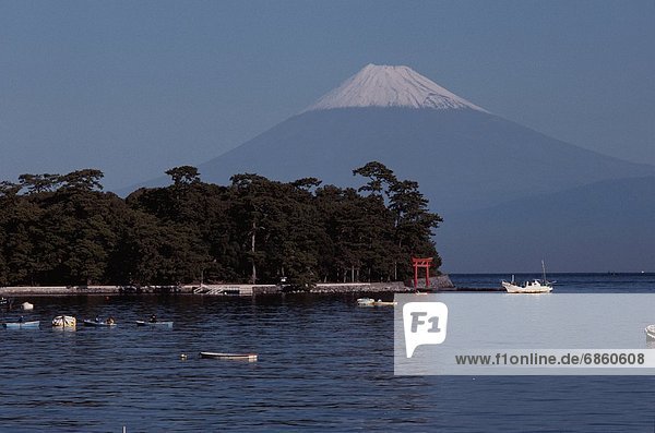 Mt. Fuji and Boats on the Lake. Kanagawa Prefecture  Japan