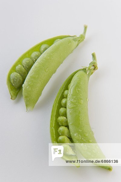 Snap peas with water drops  close up  white background
