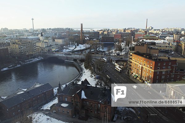 River Tammerkoski runs through the city centre  past the Finlayson Complex  central Tampere  Pirkanmaa  Finland  Scandinavia  Europe
