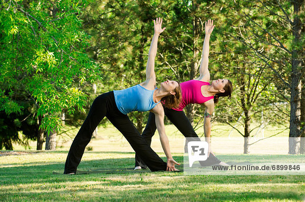 Zwei Frauen beim gemeinsamen Yoga im Park
