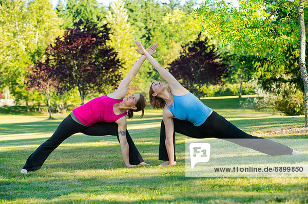 Zwei Frauen beim gemeinsamen Yoga im Park