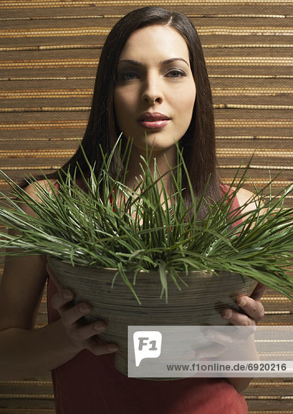 Frau  halten  Gras  Topfpflanze
