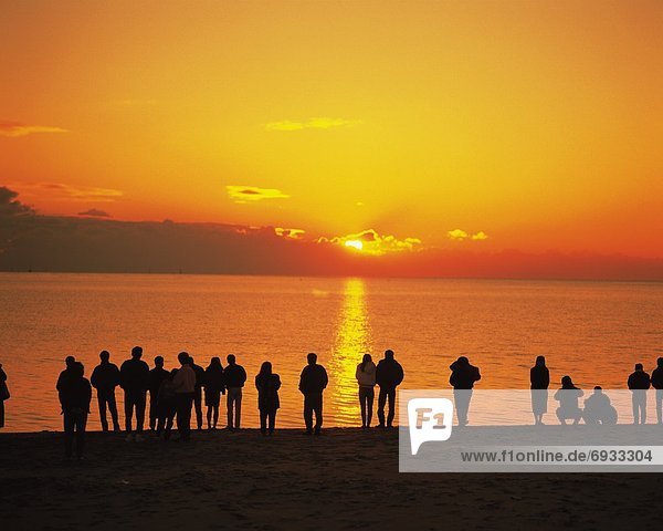 People watching the sun rise from a beach in Tsu  Mie Prefecture  Japan