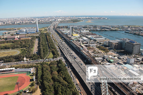 Aerial view of bridge over Tokyo bay  Koto ward  Tokyo Prefecture  Honshu  Japan