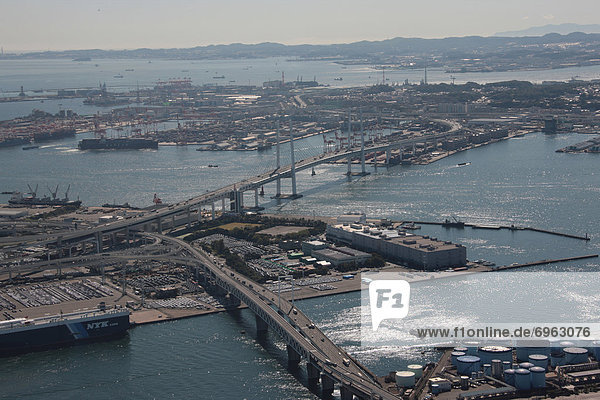 Aerial view of Yokohama Bay Bridge  Yokohama City  Kanagawa Prefecture  Honshu  Japan
