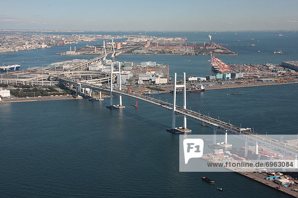 Aerial view of Yokohama Bay Bridge  Yokohama City  Kanagawa Prefecture  Honshu  Japan
