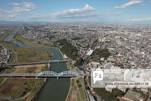 Aerial view of Tamagawa river  Nakahara ward  Kawasaki City  Kanagawa Prefecture  Honshu  Japan