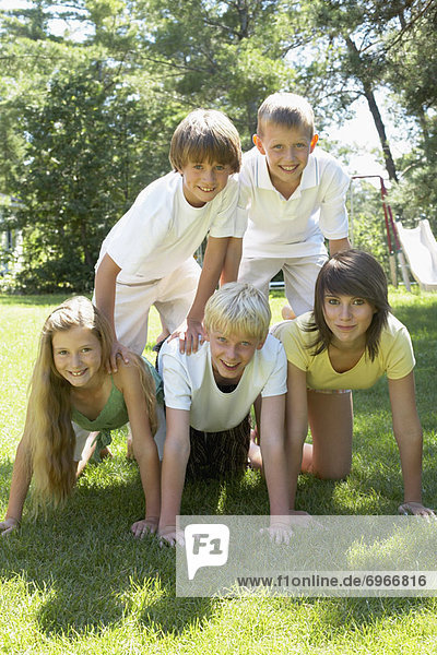 Group Portrait of Kids Making a Human Pyramid  Elmvale  Ontario  Canada