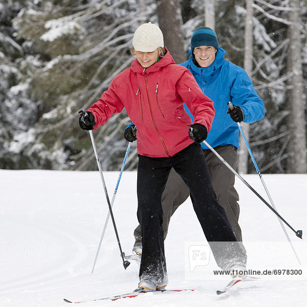 Close-up of Couple Cross Country Skiing  Whistler  British Columbia  Canada