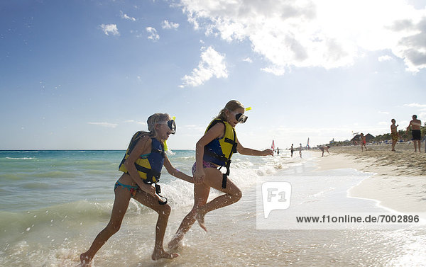 Girls in Snorkeling Gear on Beach  Reef Playacar Resort and Spa  Playa del Carmen  Mexico
