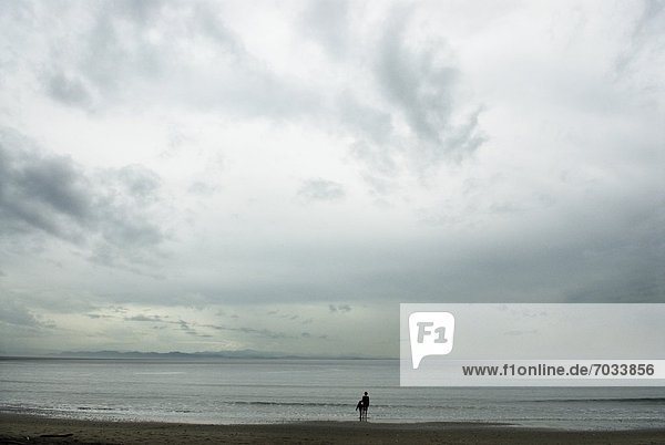 People In The Distance On Beach Under Cloudy Skies