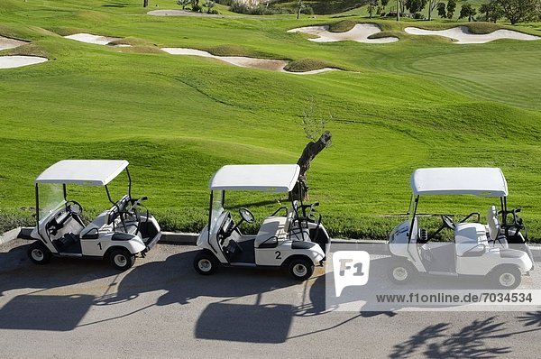 Golfwagen in einer Reihe neben dem Golfplatz