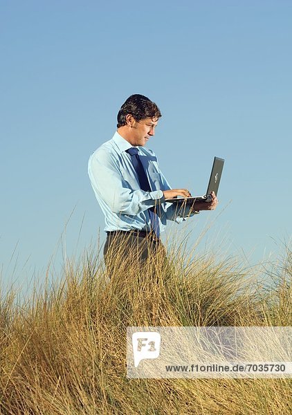 Außenaufnahme Mann Notebook Strand arbeiten umgeben Gras freie Natur