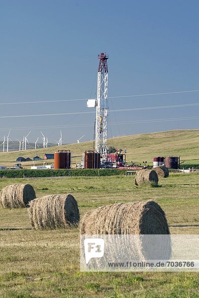 Windturbine  Windrad  Windräder  Hintergrund  Heu  Bündel  Alberta  Kanada  Öl