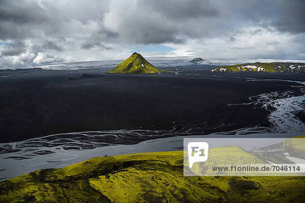 Aerial view moss-covered MÊlifell Mountain black sand of MÊlifellssandur Desert Icelandic Highlands Iceland Europe