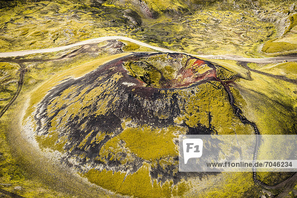 Aerial view St_tur volcano crater Nor_urn·mshraun lava field Landmannalaugar Fjallabak Conservation Area Icelandic Highlands Iceland Europe