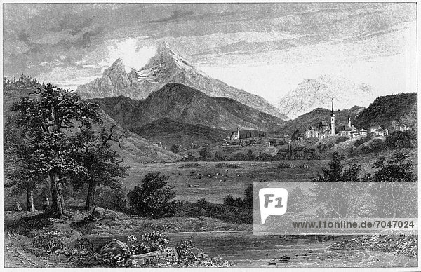 Berchtesgaden,  Stahlstich um 1850,  Zeichnung und Stich von J. Poppel,  Oberbayern,  Bayern,  Deutschland,  Europa