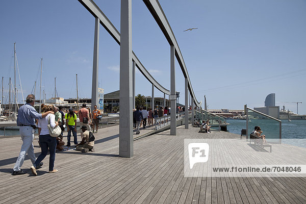 Modern footbridge  Rambla de Mar  in Port Vell  Barcelona  Catalonia  Spain  Europe  PublicGround