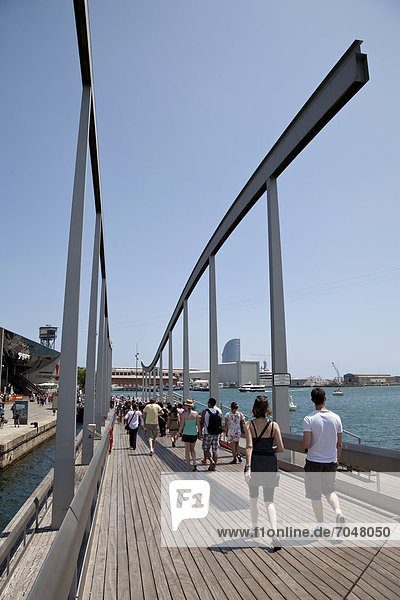 Modern footbridge  Rambla de Mar  in Port Vell  Barcelona  Catalonia  Spain  Europe  PublicGround