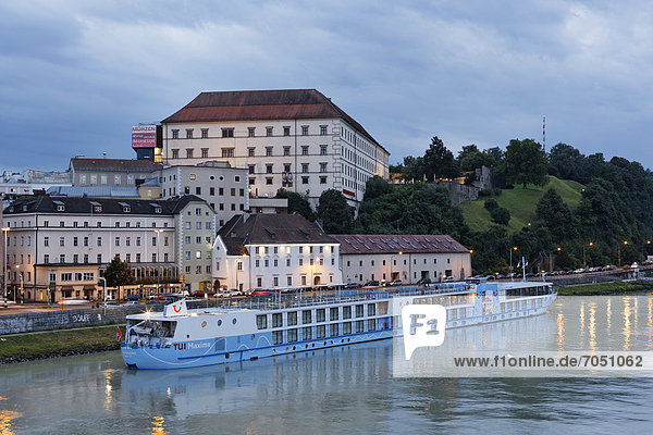 TUI Maxima  a cruise ship floating on the Danube river  Linz Castle at the back  Linz  Upper Austria  Austria  Europe  PublicGround
