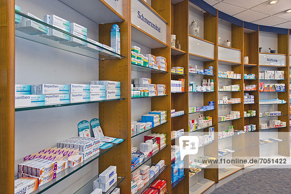 Shelves with medications shop floor pharmacy Stuttgart Baden-Wuerttemberg Germany Europe