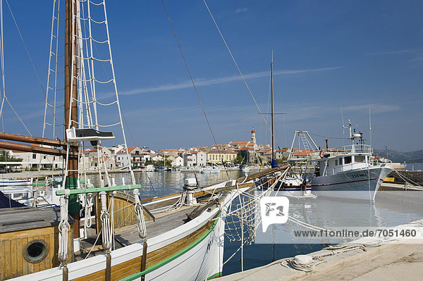 Sailing ship in the harbour of Betina  Murter Island  Adriatic Sea  Dalmatia  Croatia  Europe