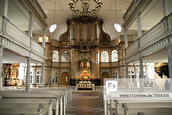 Interior with altar and organ of the Evangelical Lutheran Church of St. Nicholas in Kappeln  Schleswig-Holstein  Germany  Europe