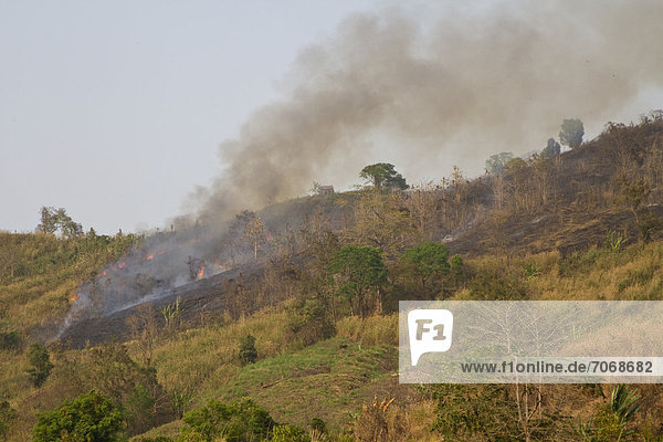 Brandrodung  Rauch zieht über Hügel  Boga Lake  Chittagong Hill Tracts  Ruma Bazar  Bangladesch  Südasien