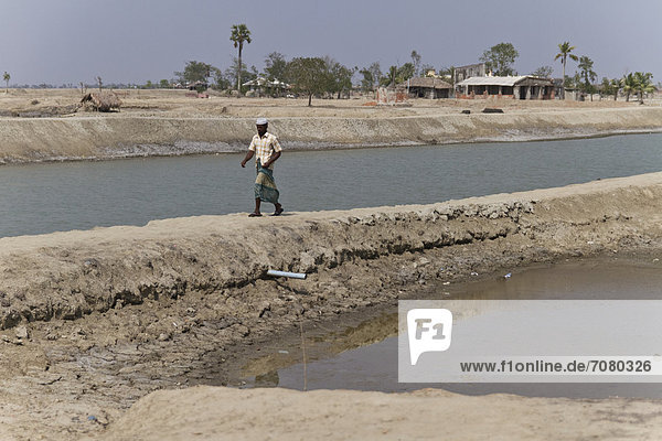 Ein Mann geht ¸ber einen Damm  Zyklon Aila ¸berflutete 2009 den Ort Gabura  Sundabarns  Khulna District  Bangladesch  S¸dasien