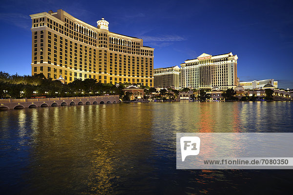Night shot  Bellagio  Caesars Palace  The Mirage  luxury hotels and casinos  Las Vegas  Nevada  USA  PublicGround