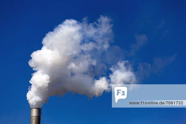 Germany  Chimney with white smoke against blue sky