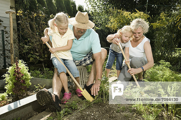 Germany  Bavaria  Grandparents with children working in vegetable garden