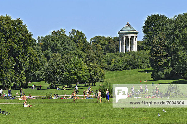 People basking in the English Garden below the Monopteros  Munich  Bavaria  Germany  Europe